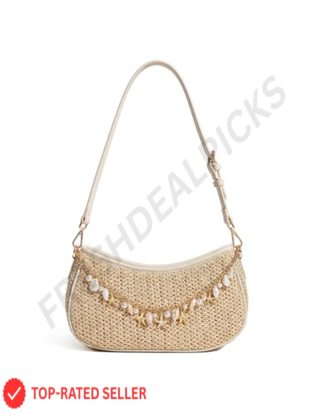Straw Shoulder Bag for Women Woven Raffia Beach Vacation Purse with Shell Charm